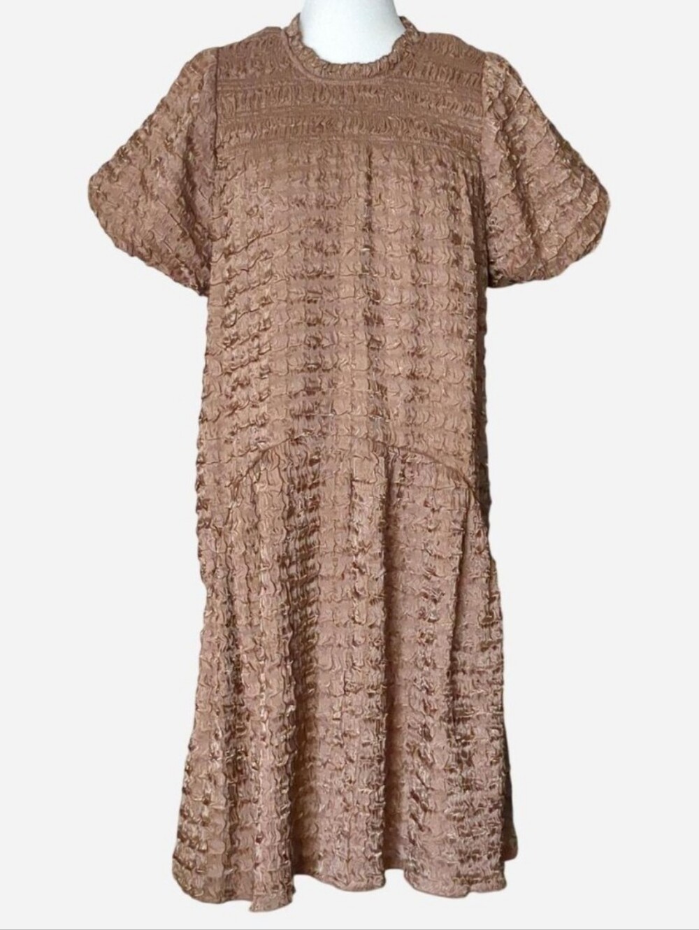BY THE RIVER Textured Pintuck Puff Sleeve Midi Dress – Mocha Brown – Size Medium